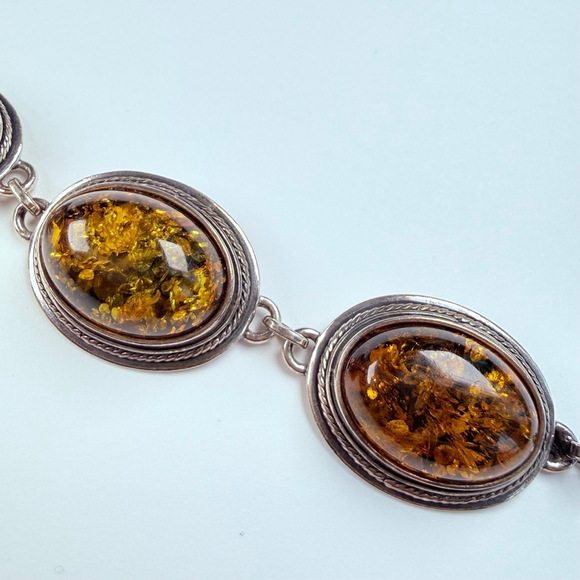 Estate 28.5 CT Green Baltic Amber Oval Panel MCM Sterling Silver VTG Bracelet - Picture 5 of 11